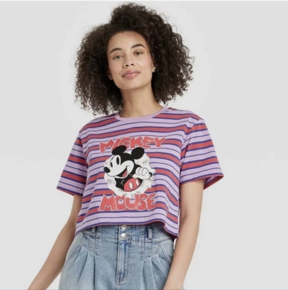Women's Mickey Mouse Short Sleeve Cropped T Shirt  Purple Stripe - Picture 1 of 4